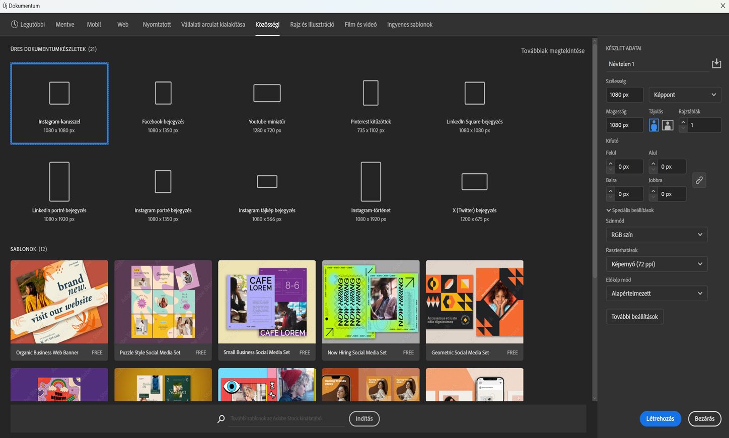 A Közösségi média kategória az Új dokumentum párbeszédpanelen készletekkel és sablonokkal.