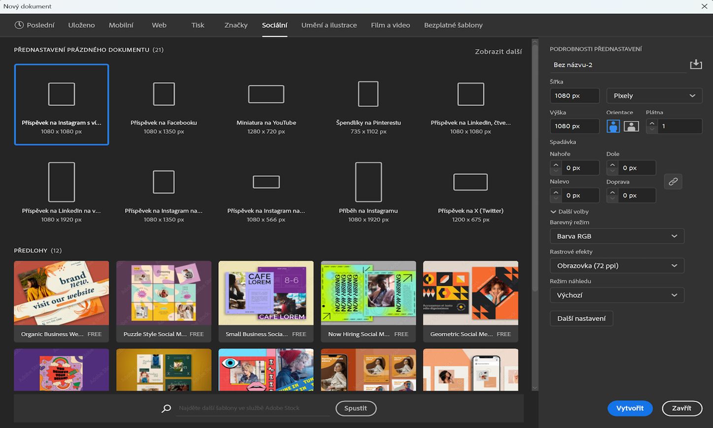 Kategorie Sociální v dialogovém okně Nový dokument s přednastaveními a šablonami.