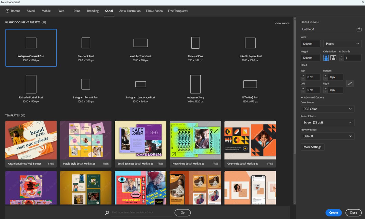 Social category in the New Document dialog with presets and templates.