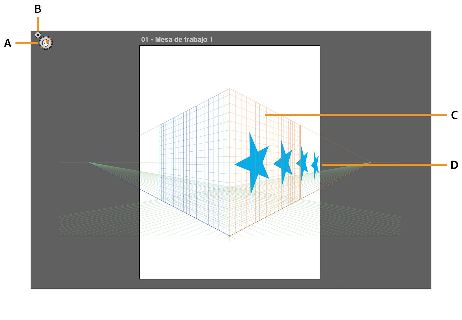 La cuadrícula de Perspectiva con cuatro estrellas dibujadas en el plano derecho.