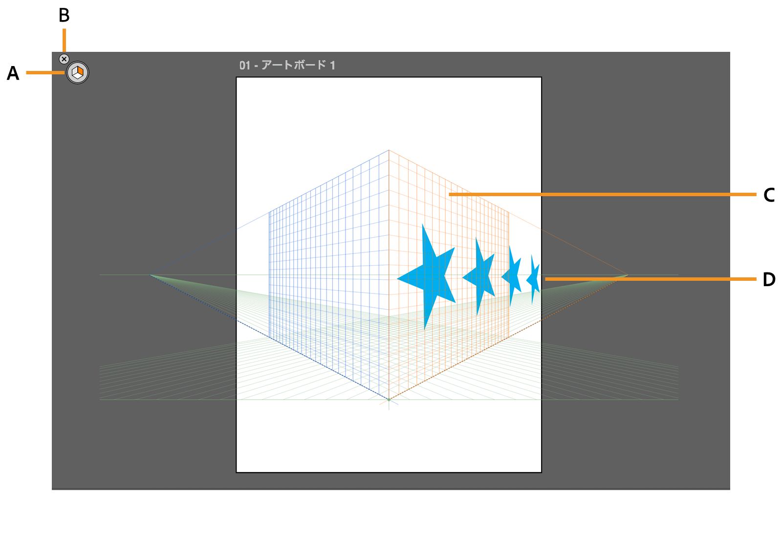 右面に 4 つのスターが描画された遠近グリッド