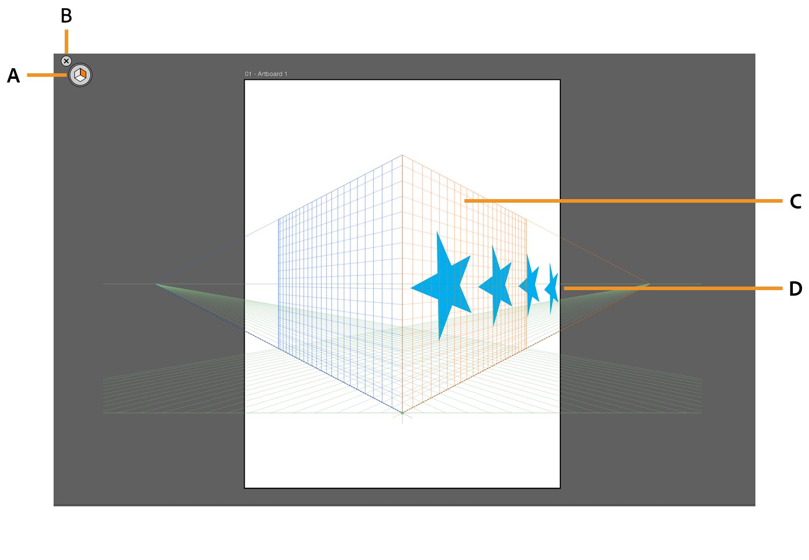 The perspective grid with four stars drawn on the right plane.