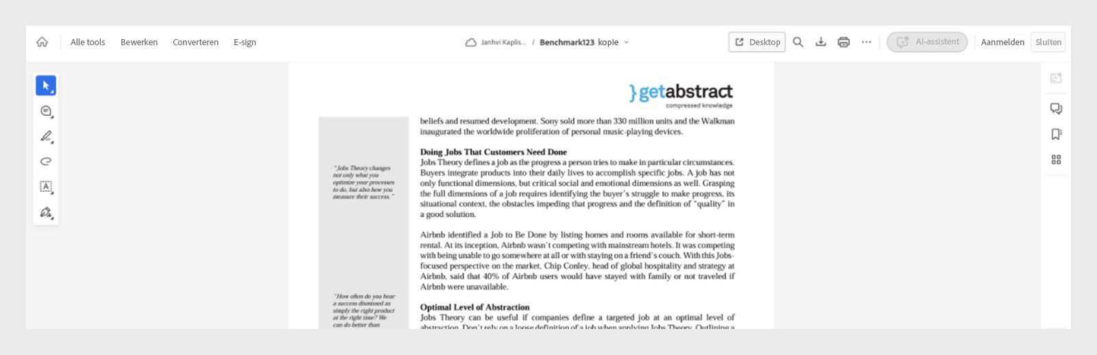 Acrobat geeft een geopend document weer. De tools Generatieve samenvatting en AI-assistent worden grijs weergegeven.
