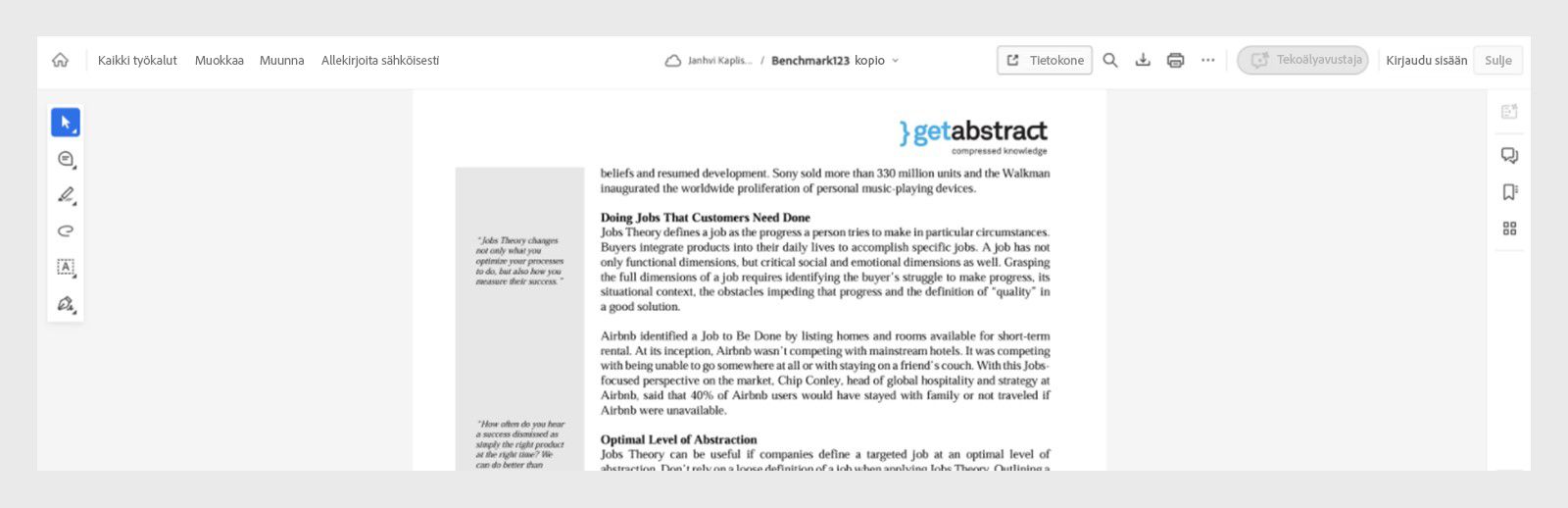Acrobat näyttää avatun asiakirjan. Generatiivinen yhteenveto ja tekoälyavustaja näkyvät harmaina.