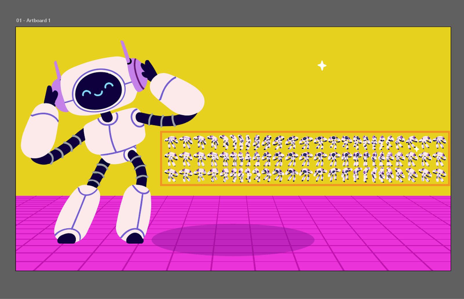 רובוט בצד שמאל עם כל התצוגות שנוצרו ממנו ממוקמות לידו.