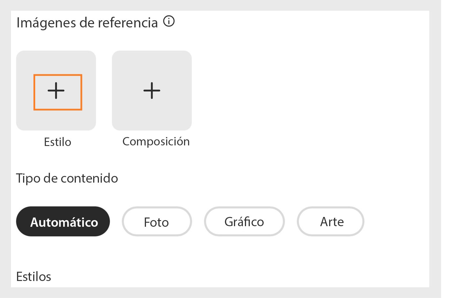 Interfaz de usuario que muestra una sección 'Imágenes de referencia' con dos marcadores de posición etiquetados como Estilo y Composición, cada uno con un icono más, seguido de una sección 'tipo de contenido' con opciones Automático (seleccionado), Foto, Gráfico y Arte, y un encabezado Estilos debajo.