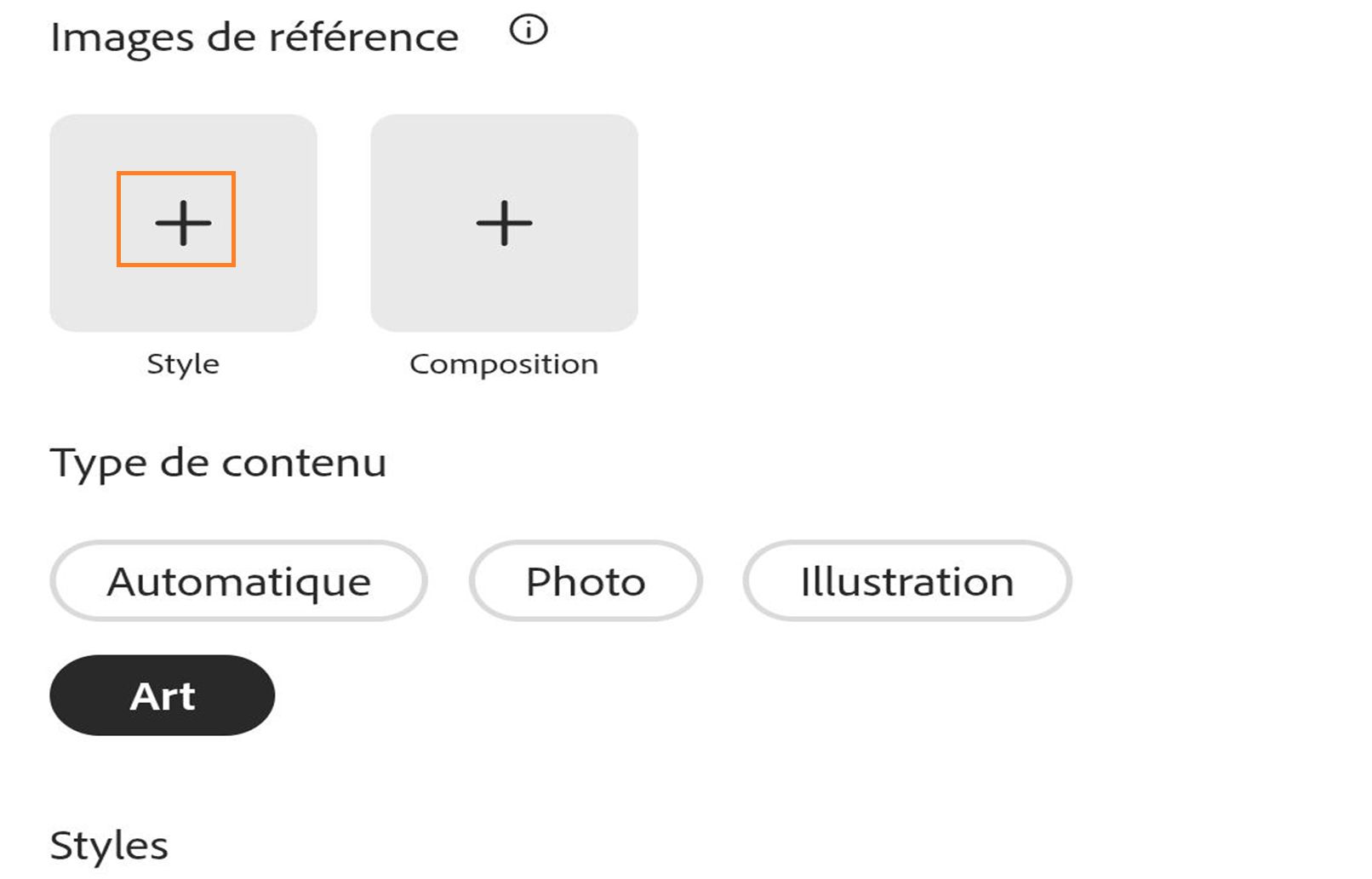 Interface d'utilisation présentant une section « Images de référence » avec deux espaces réservés intitulés Style et Composition, chacun avec une icône plus, suivie d'une section « Type de contenu » avec les options Auto (sélectionnée), Photo, Graphique et Art, et un titre Styles en dessous.
