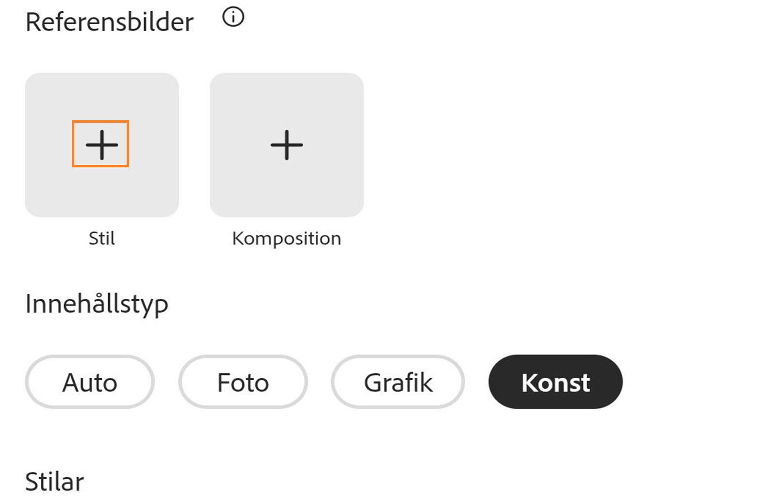 Användargränssnitt som visar avsnittet "Referensbilder" med två platshållare märkta Stil och Sammansättning, var och en med en plusikon, följt av avsnittet "Innehållstyp" med alternativen Auto (valt), Foto, Grafik och Konst, samt rubriken Stilar nedan.