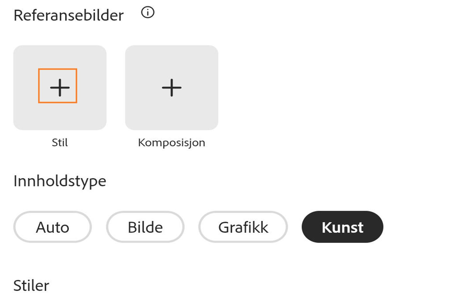 Brukergrensesnitt som viser en «Referansebilder»-seksjon med to plassholdere merket Stil og Komposisjon, hver med et pluss-ikon, etterfulgt av en «Innholdstype»-seksjon med alternativene Auto (valgt), Foto, Grafikk og Kunst, og en Stiler-overskrift nedenfor.