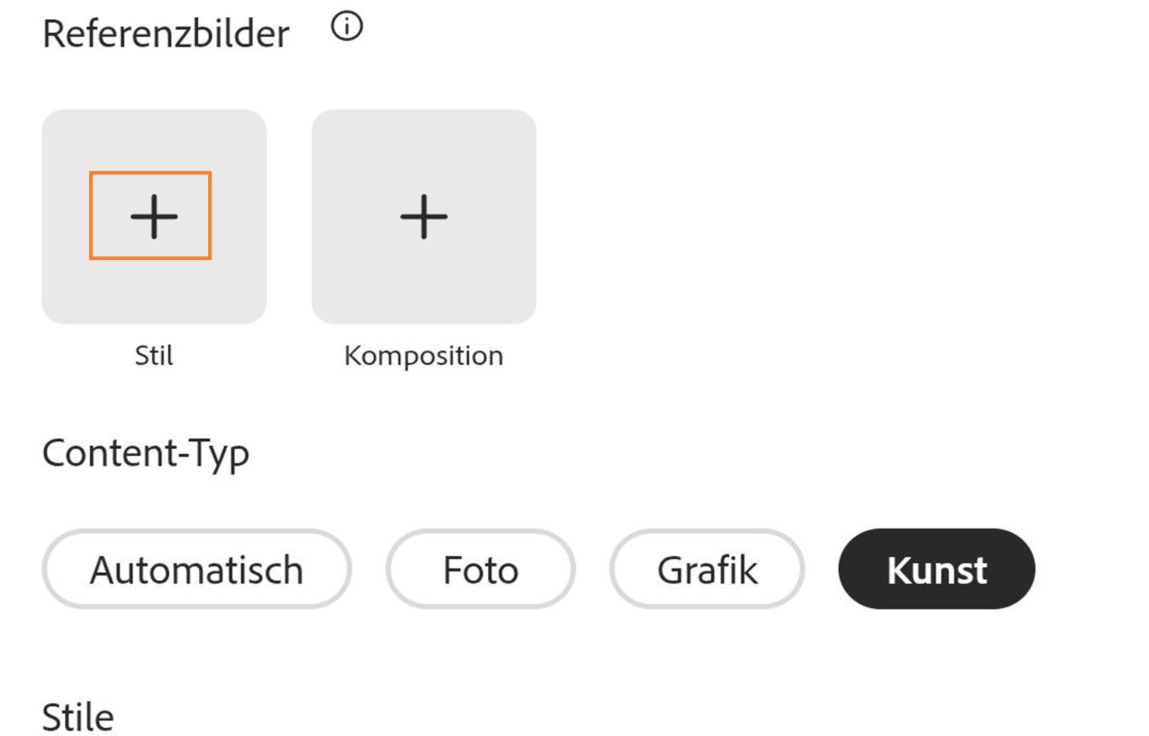 Benutzeroberfläche mit einem Bereich „Referenzbilder", der zwei Platzhalter mit den Bezeichnungen „Stil“ und „Komposition“ zeigt, jeweils mit einem Plus-Symbol, gefolgt von einem Bereich „Content-Typ" mit den Optionen „Auto“ (ausgewählt), „Foto“, „Grafik“ und „Kunst“ sowie einer Überschrift „Stile“ darunter.