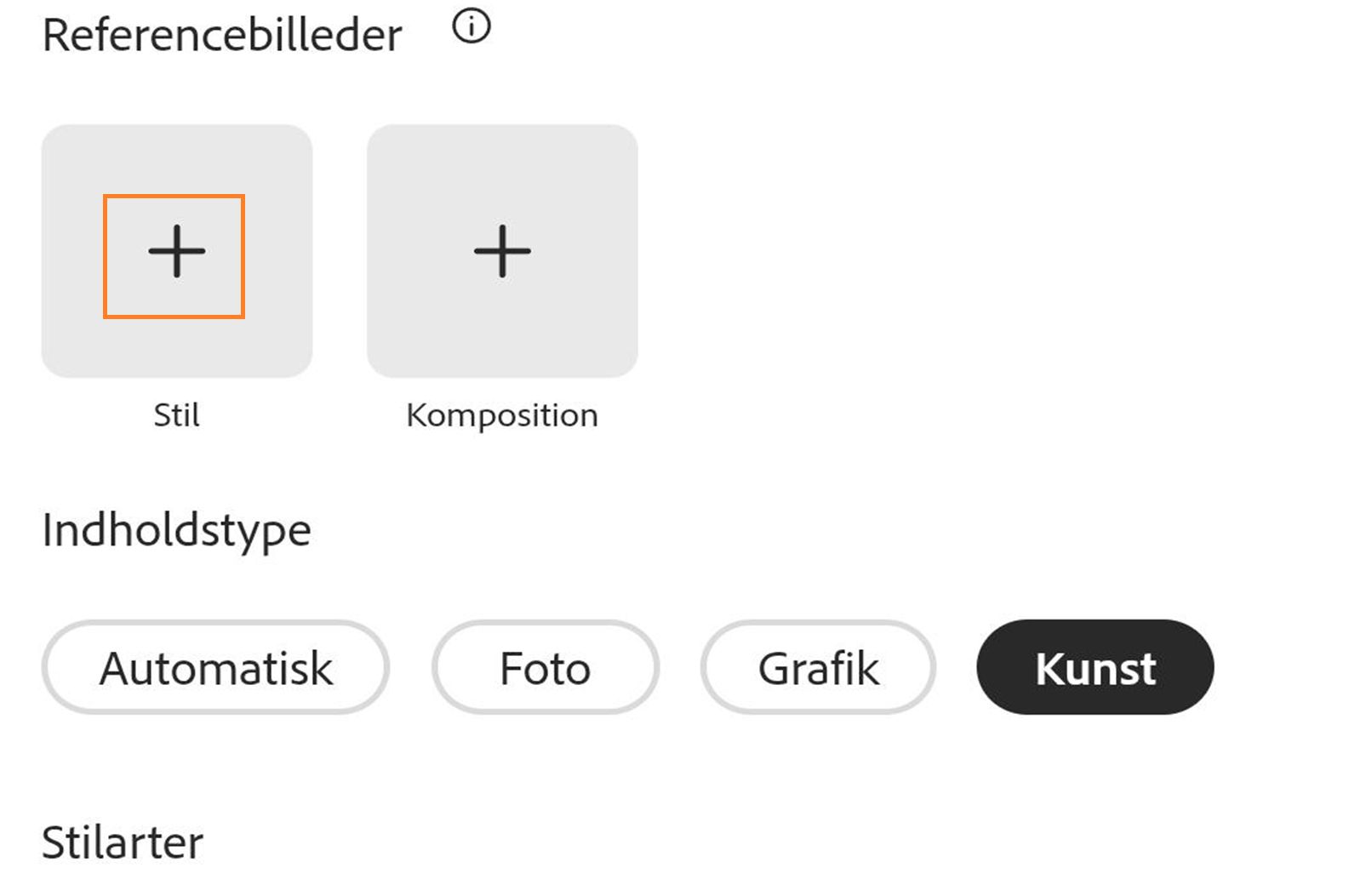 Brugergrænseflade, der viser et afsnit med "Referencebilleder" med to pladsholdere mærket Typografi og Komposition, hver med et plus-ikon, efterfulgt af et afsnit med "Indholdstype" med options Auto (valgt), Foto, Grafik og Kunst samt en overskrift med Typografier nedenfor.
