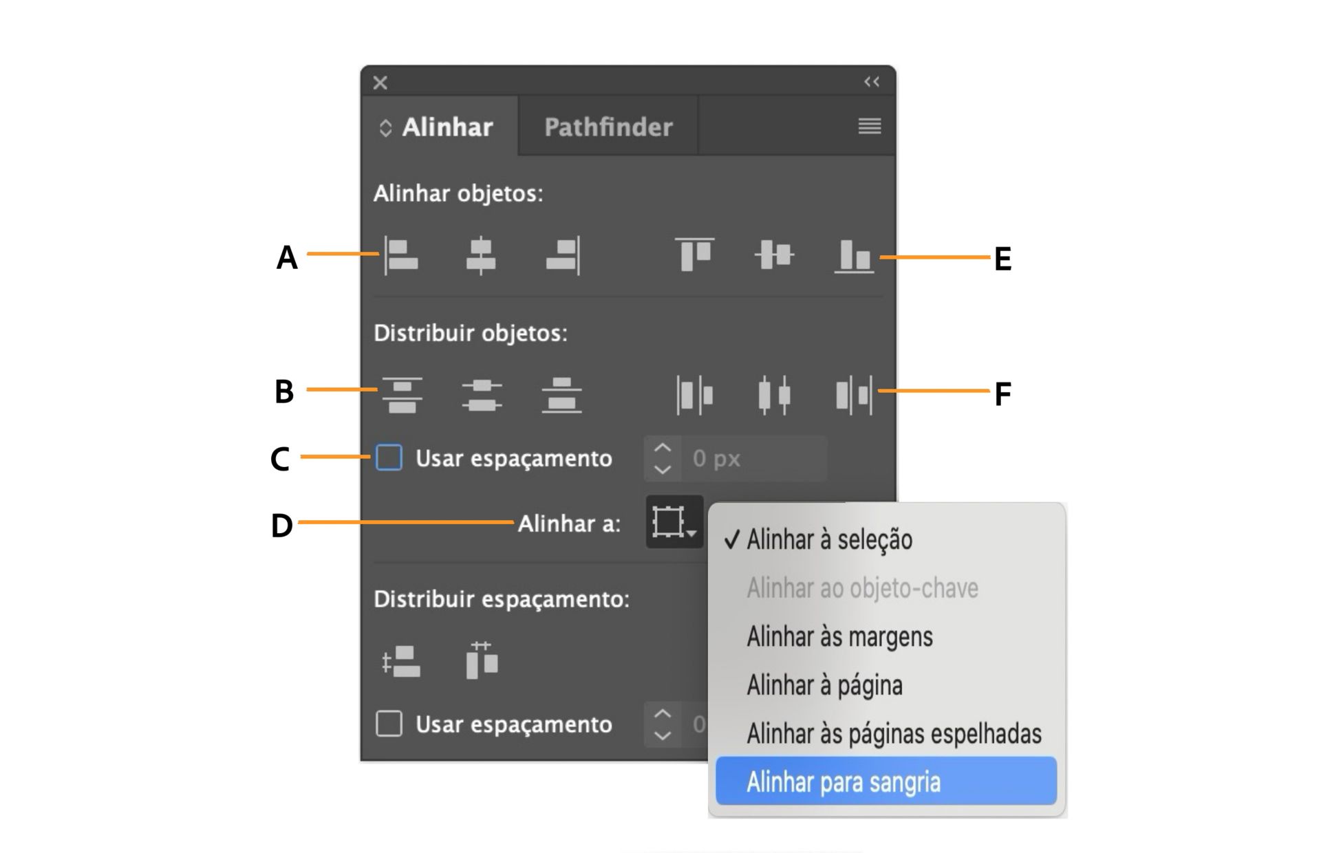 Painel “Alinhar” com várias opções