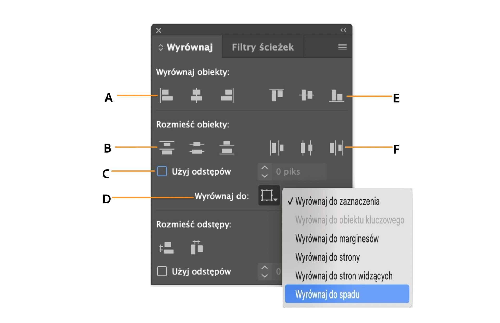 Panel Wyrównaj z różnymi opcjami