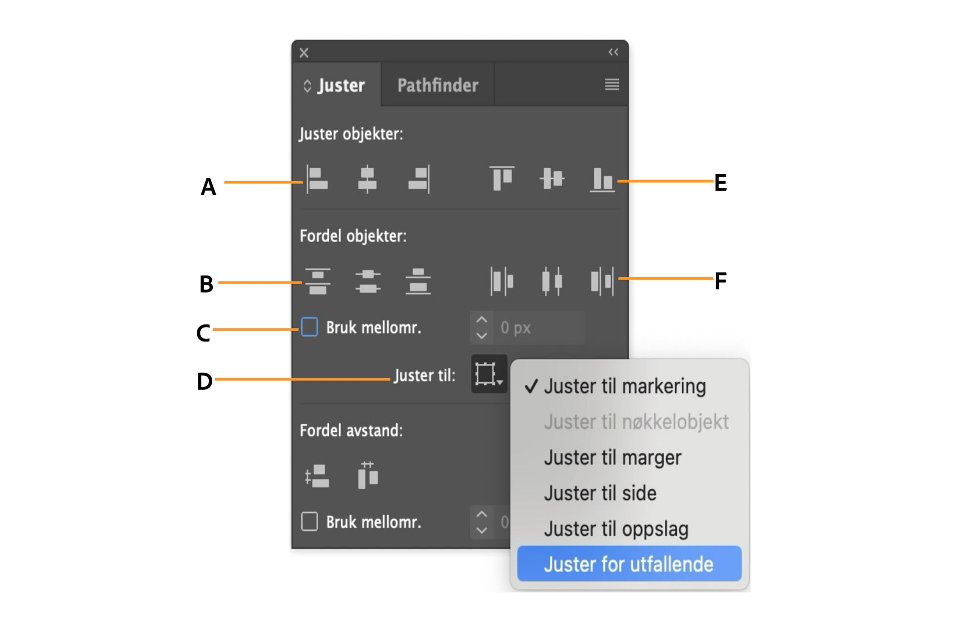 Juster-panelet med ulike alternativer