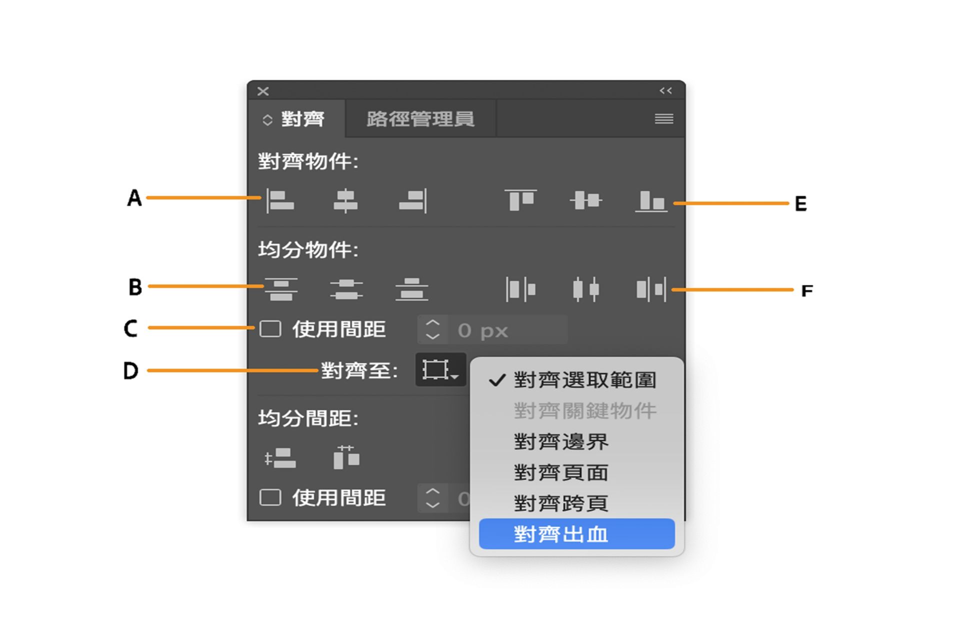 「對齊」面板與各種選項