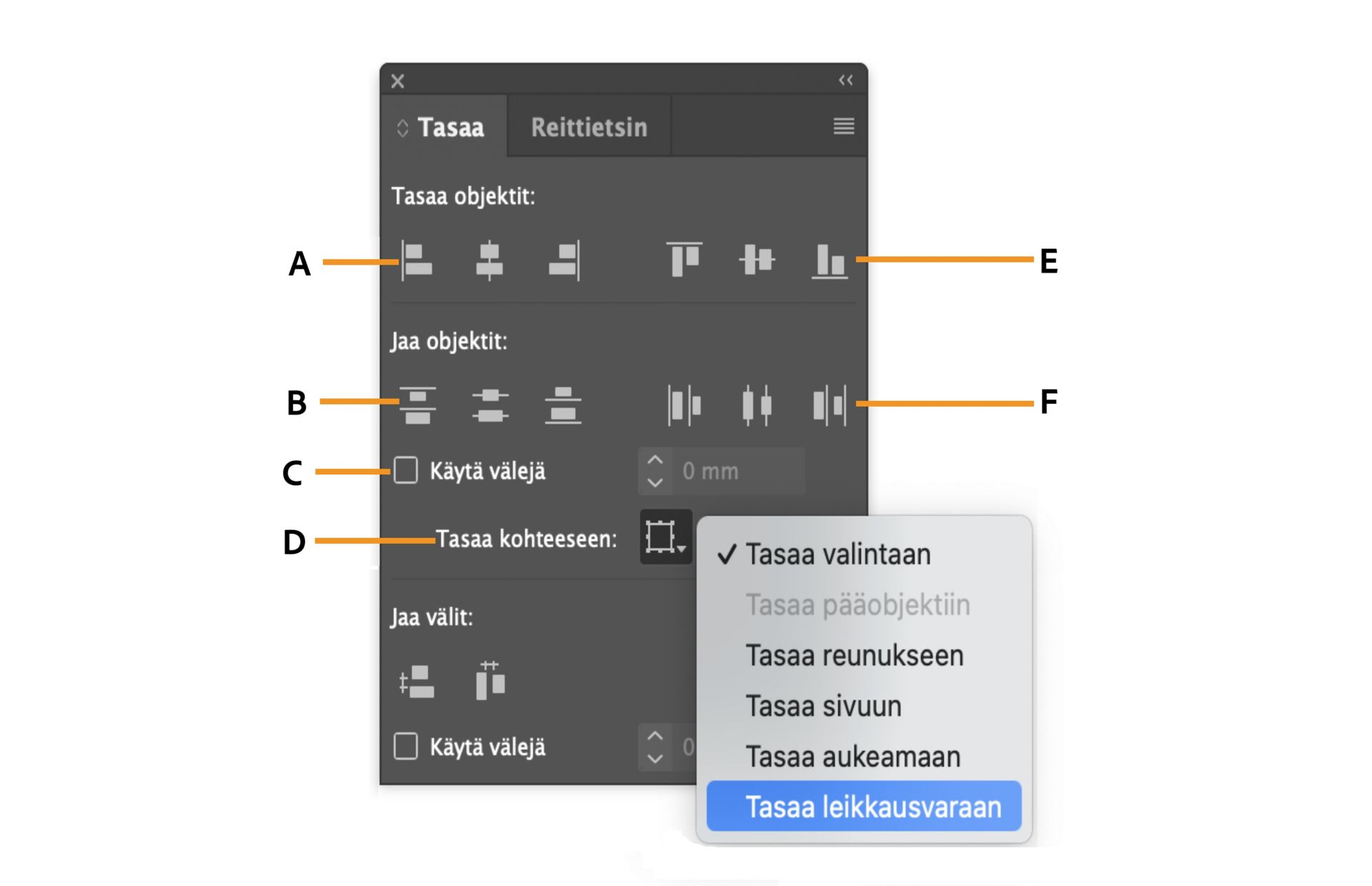 Tasaa-välilehti ja eri asetukset