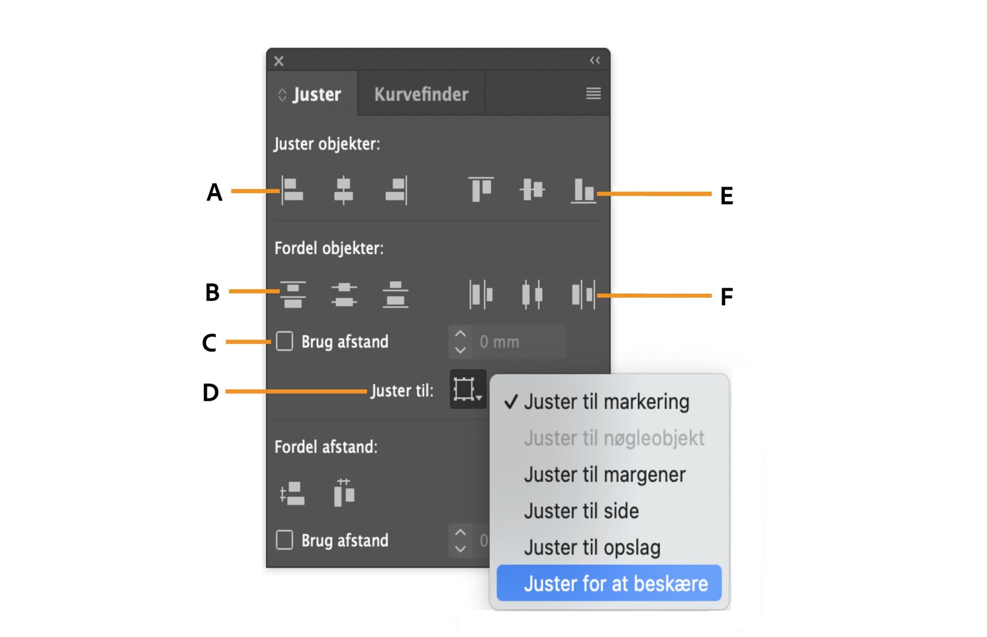 Panelet Justering med forskellige indstillinger