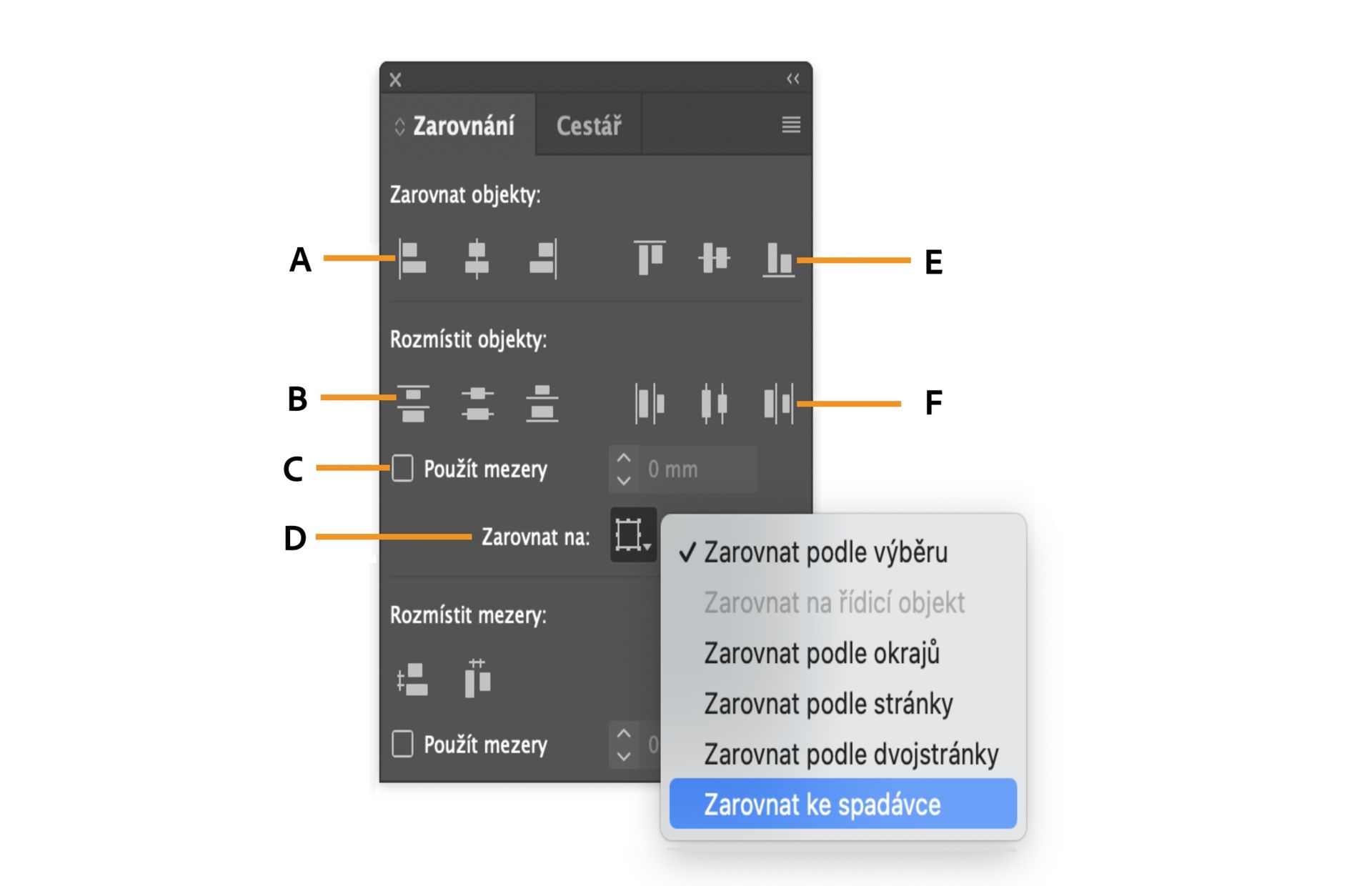 Panel Zarovnání s různými možnostmi