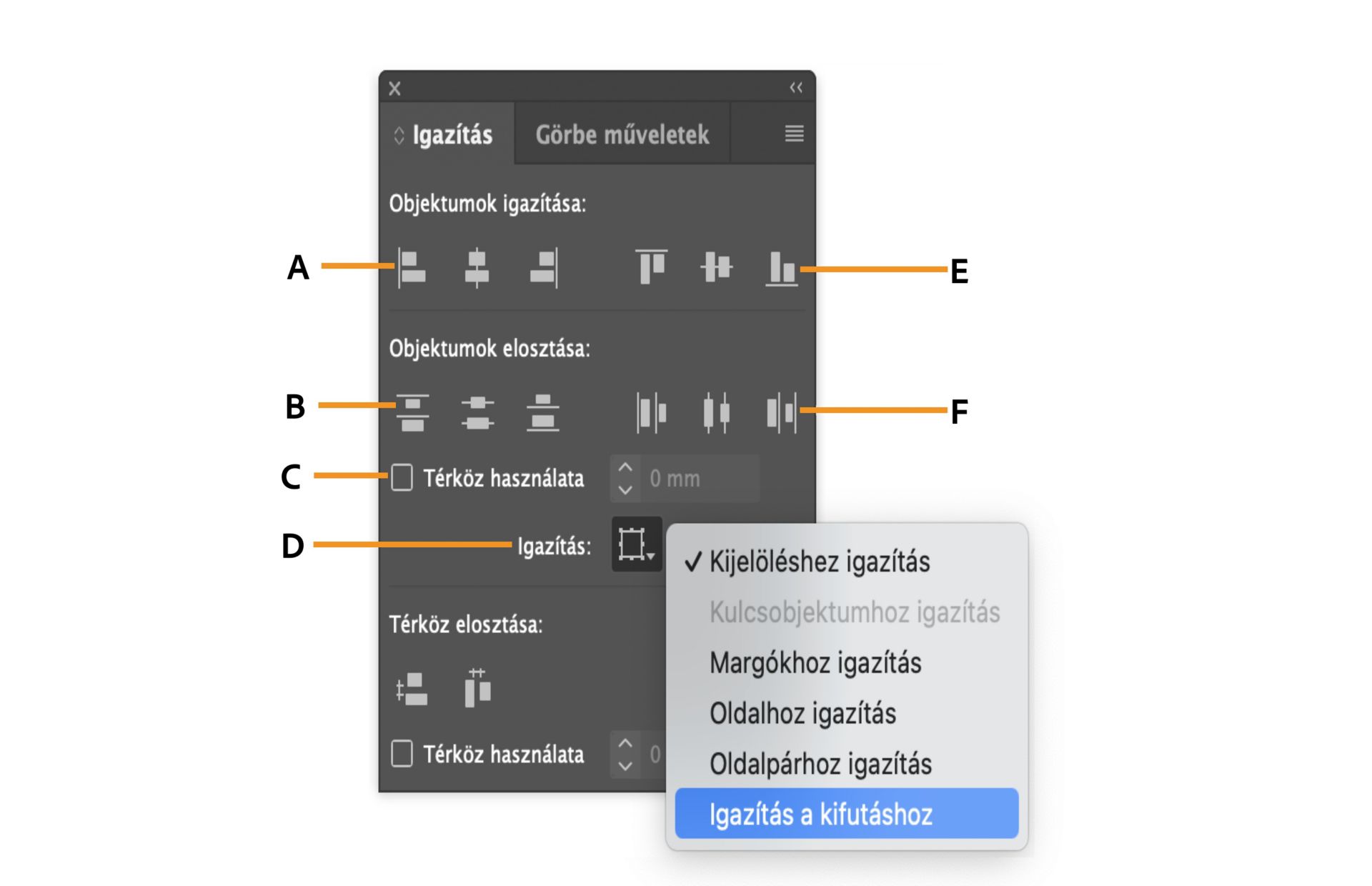 Igazítás panel különböző beállításokkal