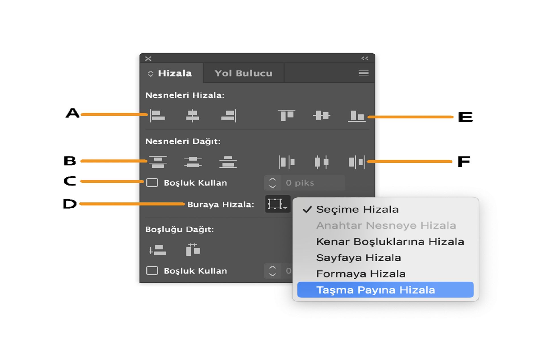 Çeşitli seçeneklerle hizala paneli