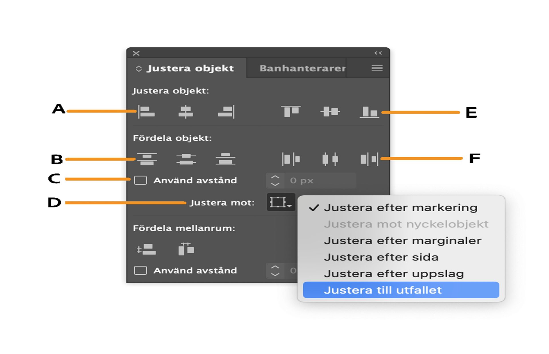Panelen Justera med olika alternativ