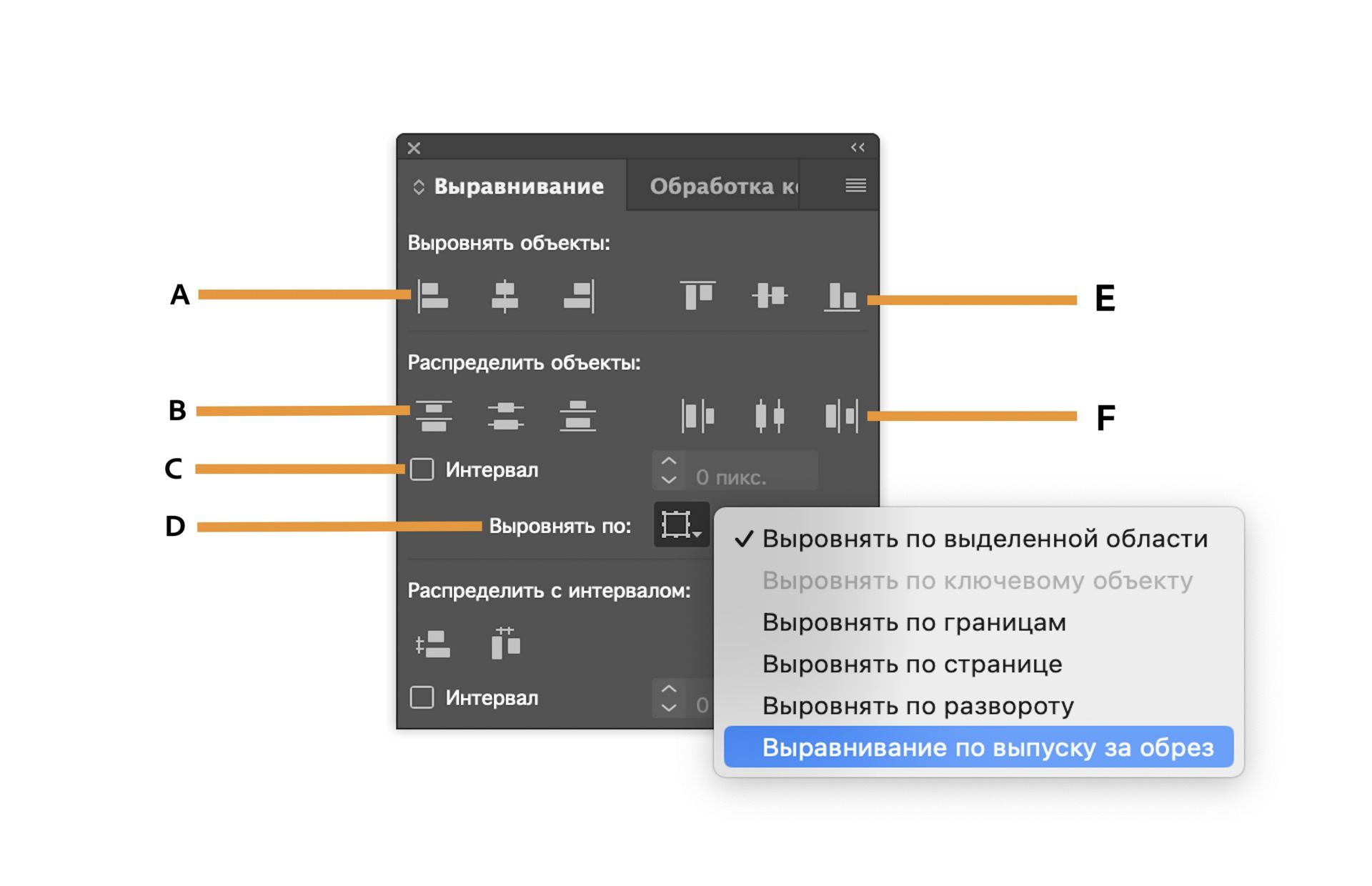 Панель «Выравнивание» с различными параметрами