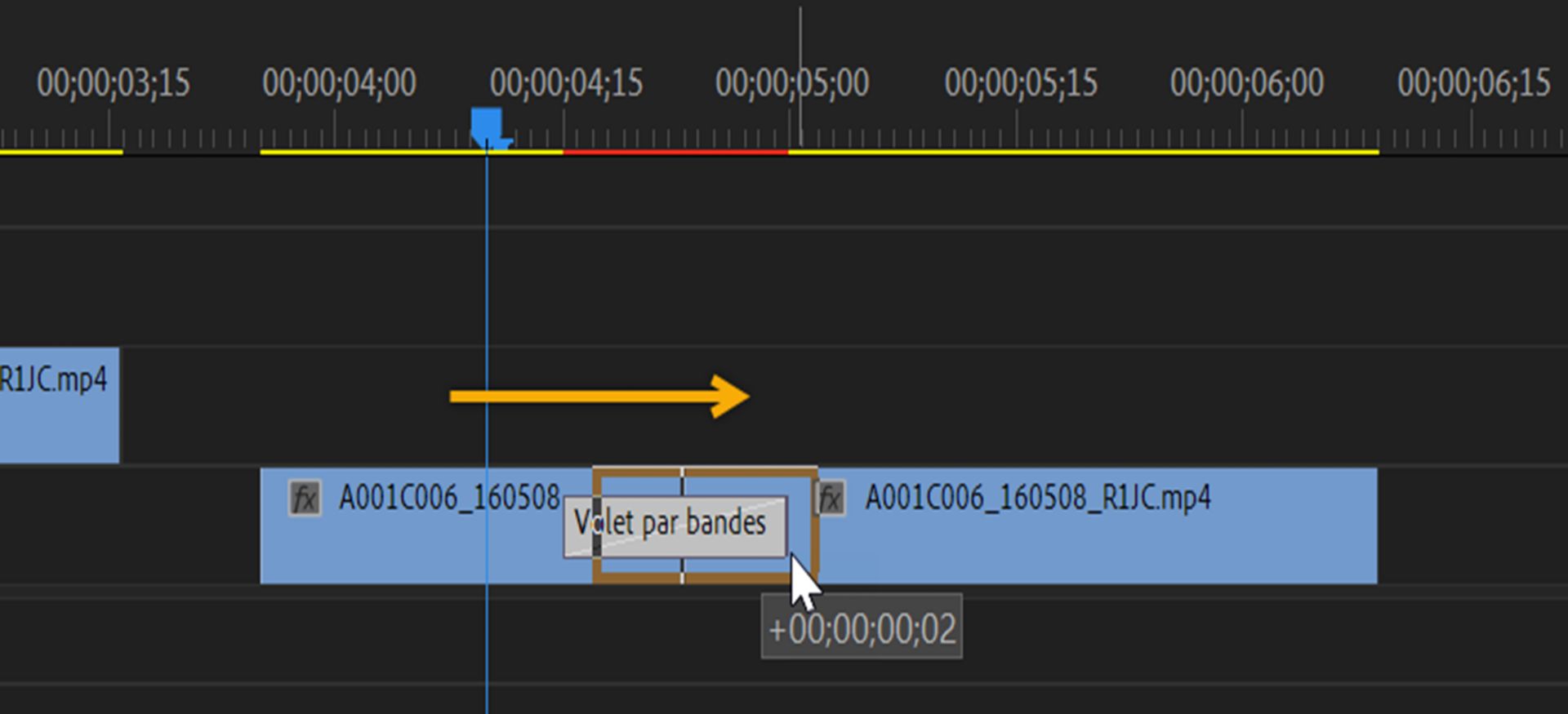 Déplacement de la transition dans le panneau Montage afin de la repositionner