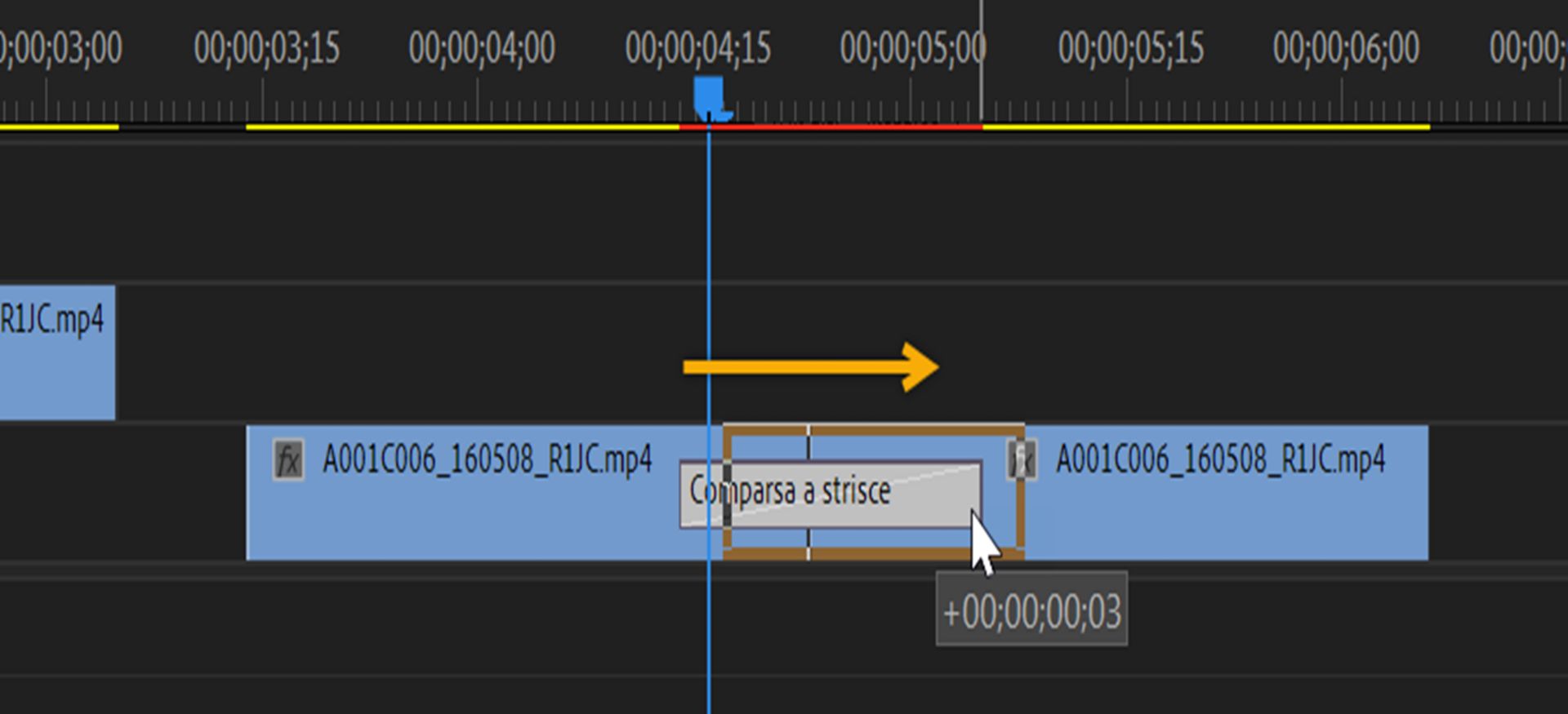 Trascinamento della transizione nel pannello Timeline per riposizionarla
