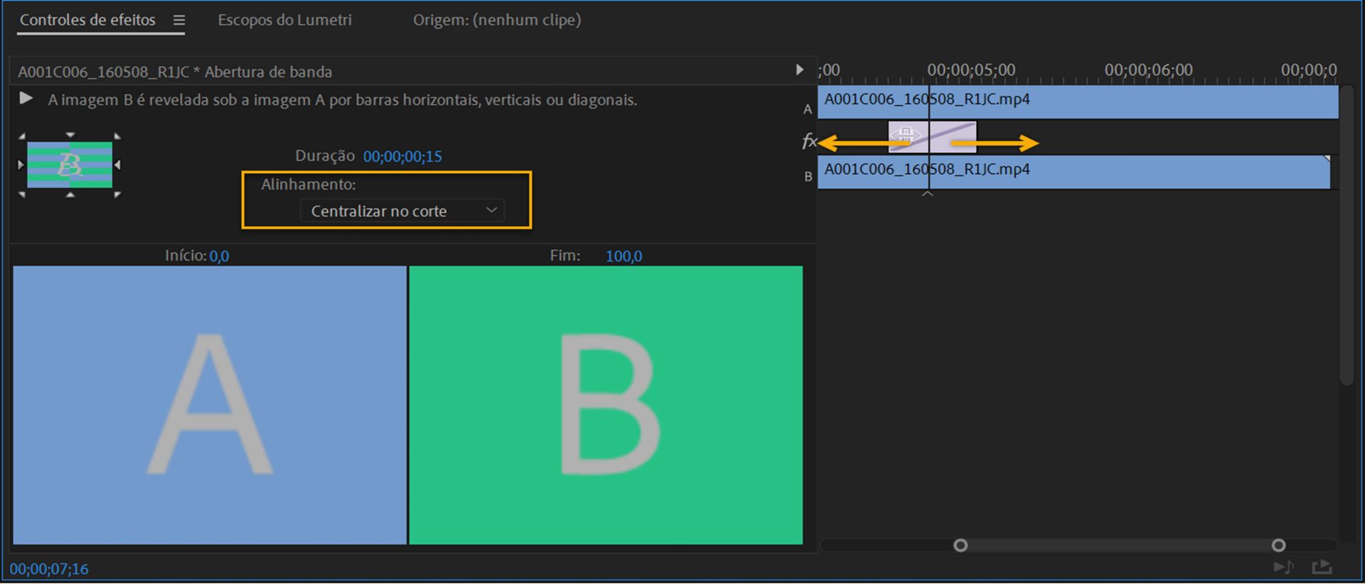 Alinhar uma transição usando o painel Controles de efeito