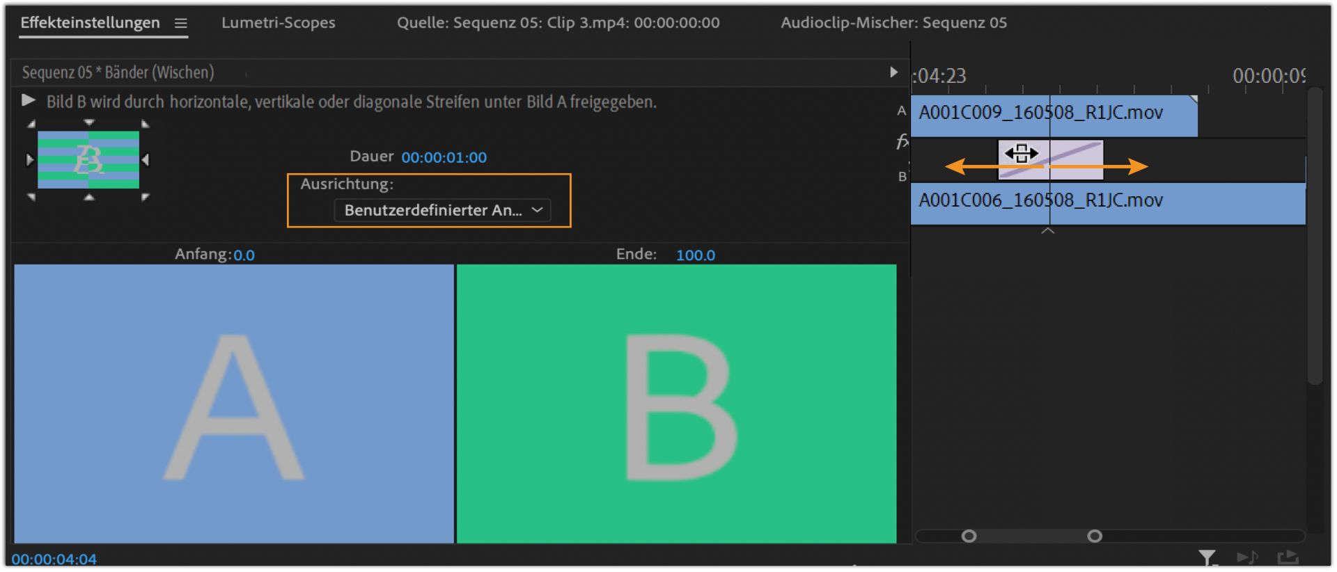 Ausrichten einer Überblendung im Effekteinstellungsfenster