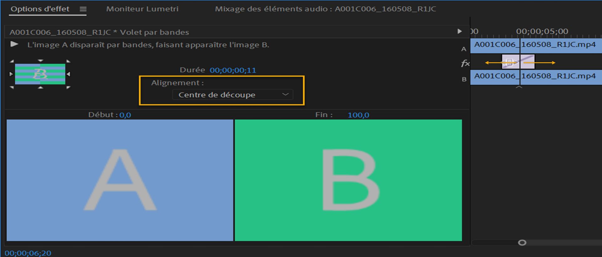 Alignement d’une transition à l’aide du panneau Options d’effet
