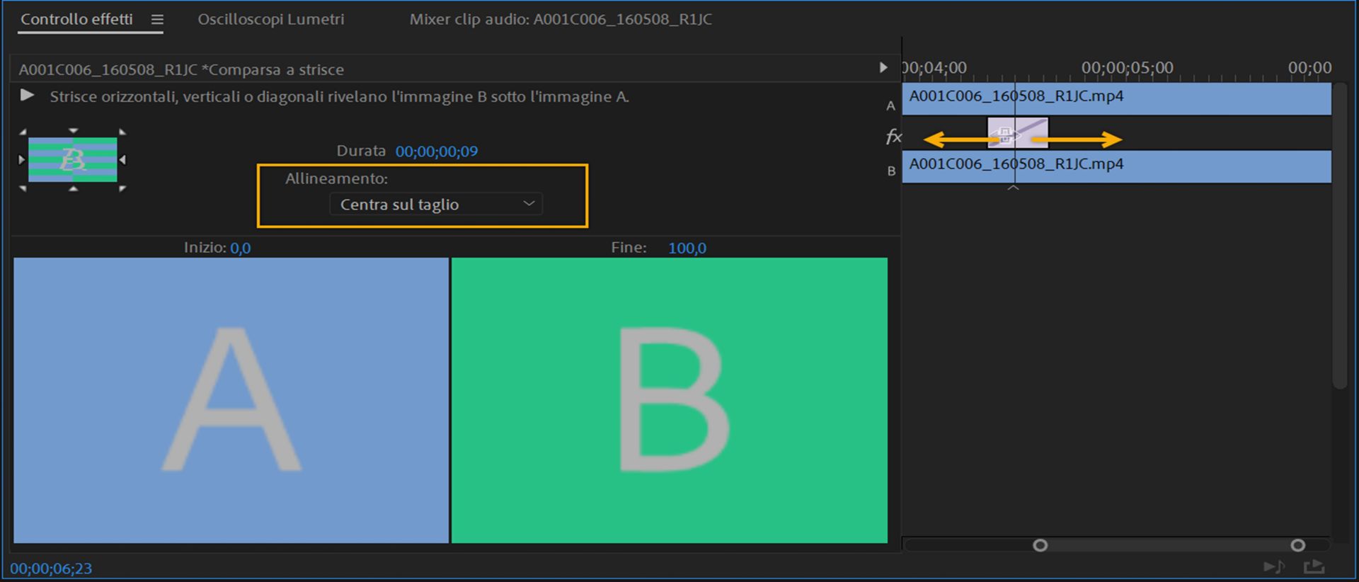 Allineare una transizione usando il pannello Controllo effetti