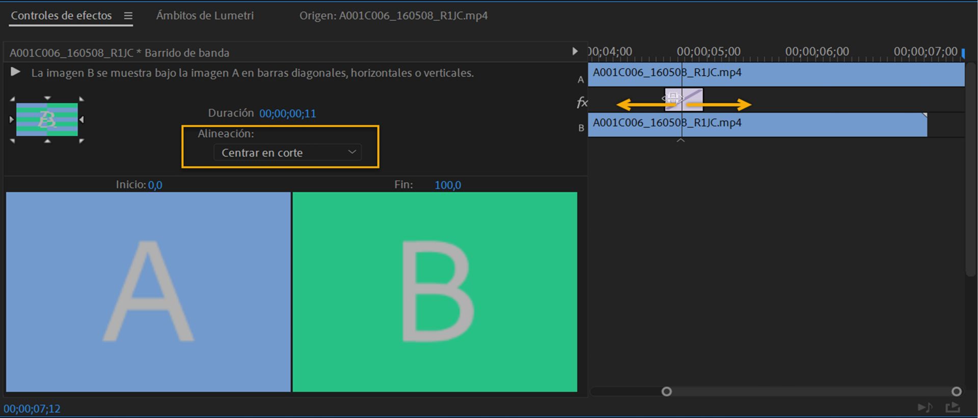 Alineación de una transición con el panel Controles de efectos
