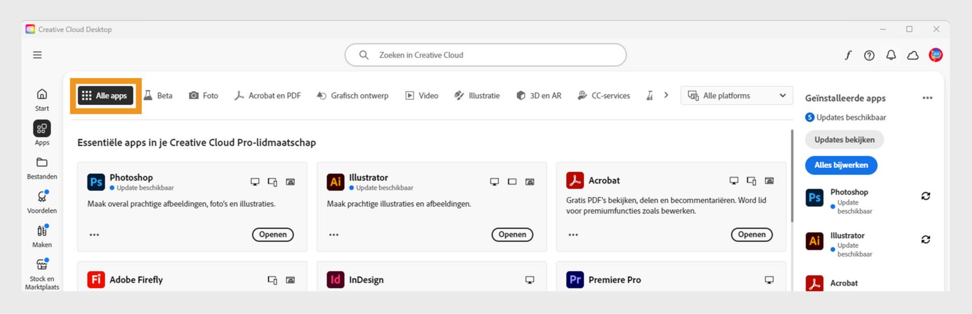 Het tabblad Alle apps met alle Creative Cloud-apps en de knop met drie puntjes voor elke app. 