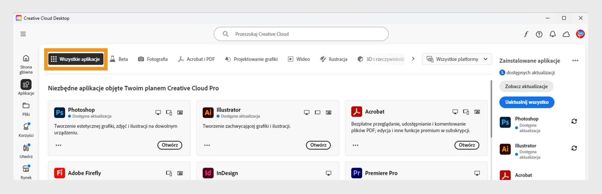 Karta Wszystkie aplikacje z widocznymi wszystkimi aplikacjami Creative Cloud i przyciskiem z trzema kropkami przy każdej aplikacji. 