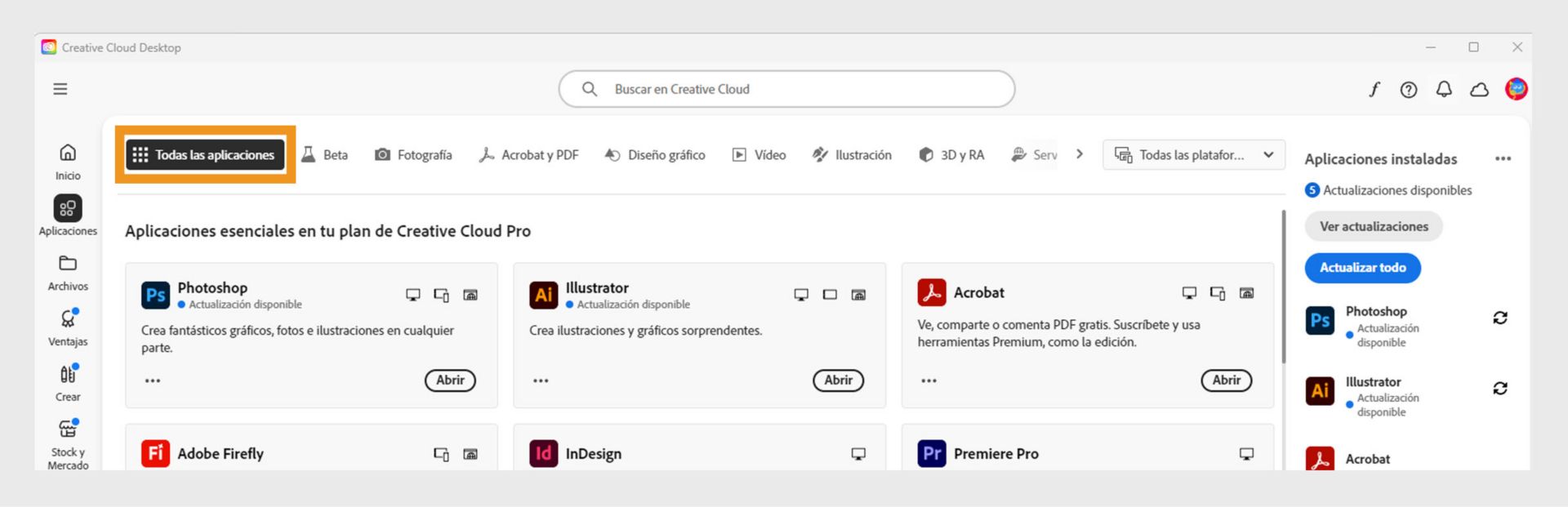 Pestaña de Todas las aplicaciones que muestra todas las aplicaciones de Creative Cloud con el botón de tres puntos para cada una de ellas. 