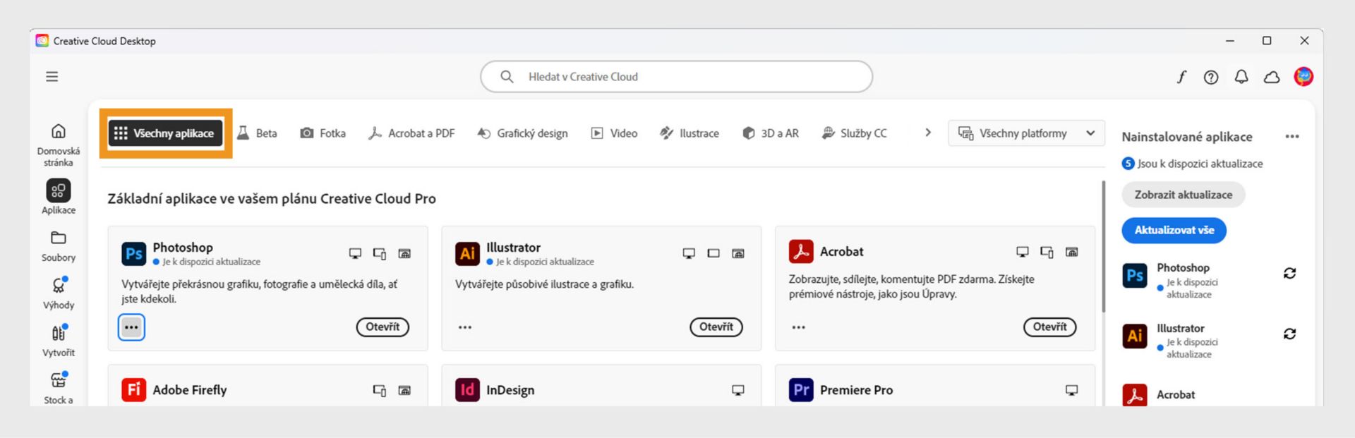 Karta Všechny aplikace zobrazující všechny aplikace Creative Cloud s tlačítkem se třemi tečkami pro každou aplikaci. 