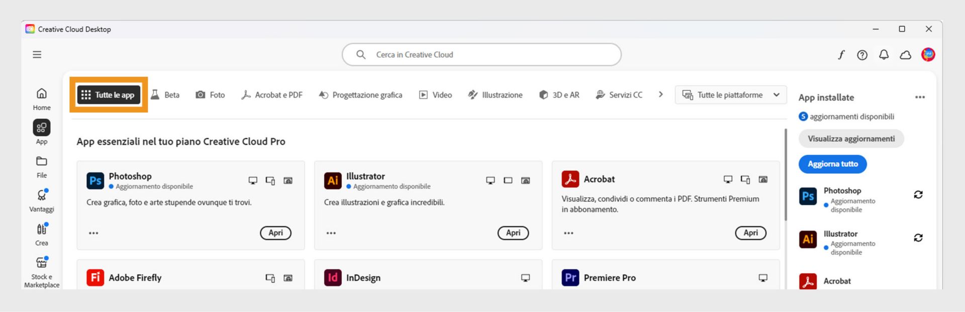 La scheda Tutte le applicazioni che mostra tutte le app Creative Cloud con il pulsante a tre punti per ciascuna app. 
