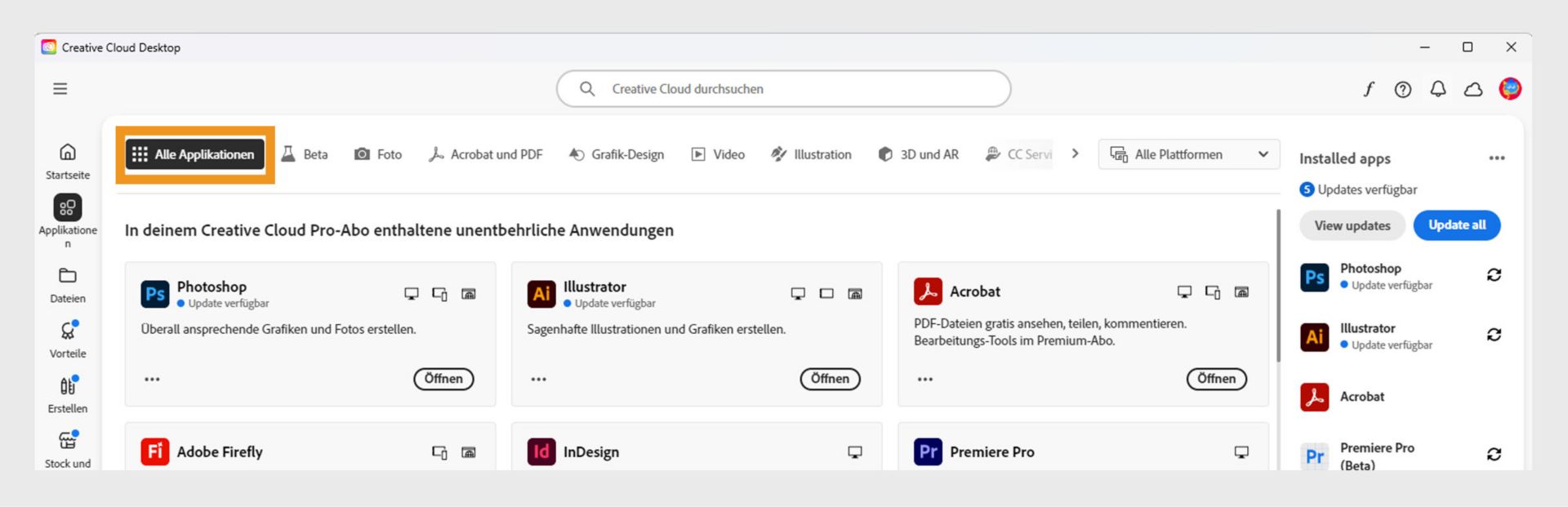Auf der Registerkarte „Alle Applikationen“ wird für jede Creative Cloud-Applikation eine Schaltfläche mit drei Punkten angezeigt. 