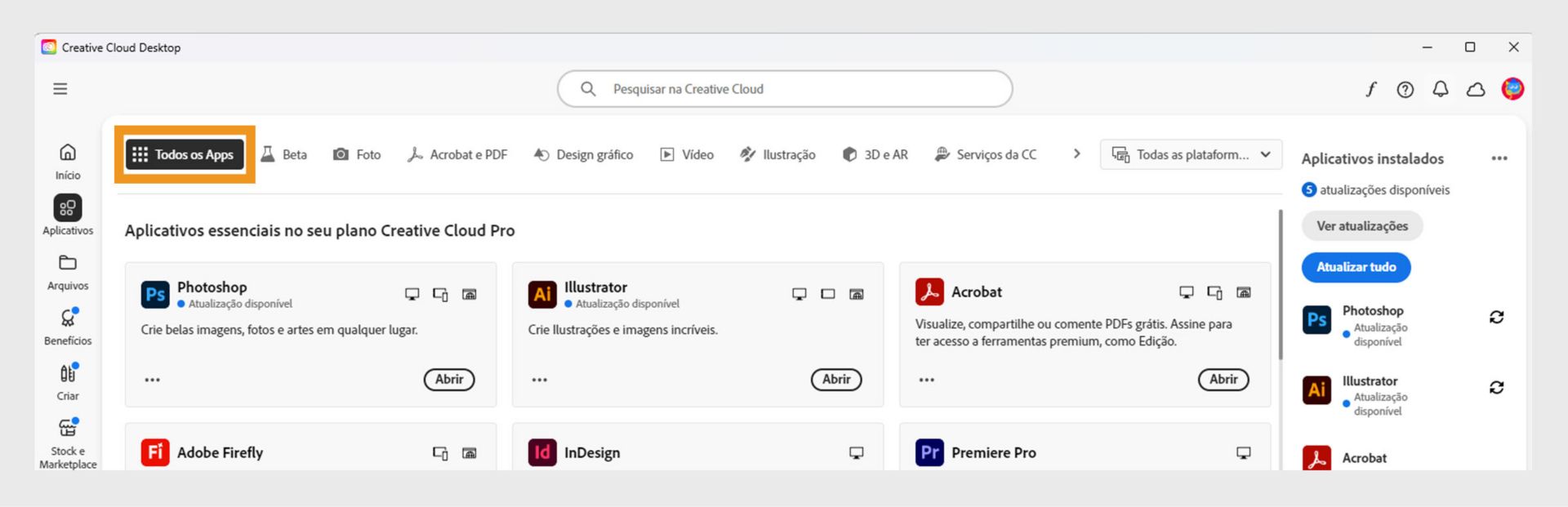 A guia Todos os aplicativos mostrando todos os aplicativos da Creative Cloud com o botão de três pontos para cada aplicativo. 