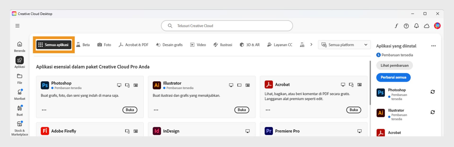 Tab Semua Aplikasi menampilkan semua Aplikasi Creative Cloud dengan tombol tiga titik untuk setiap aplikasi. 