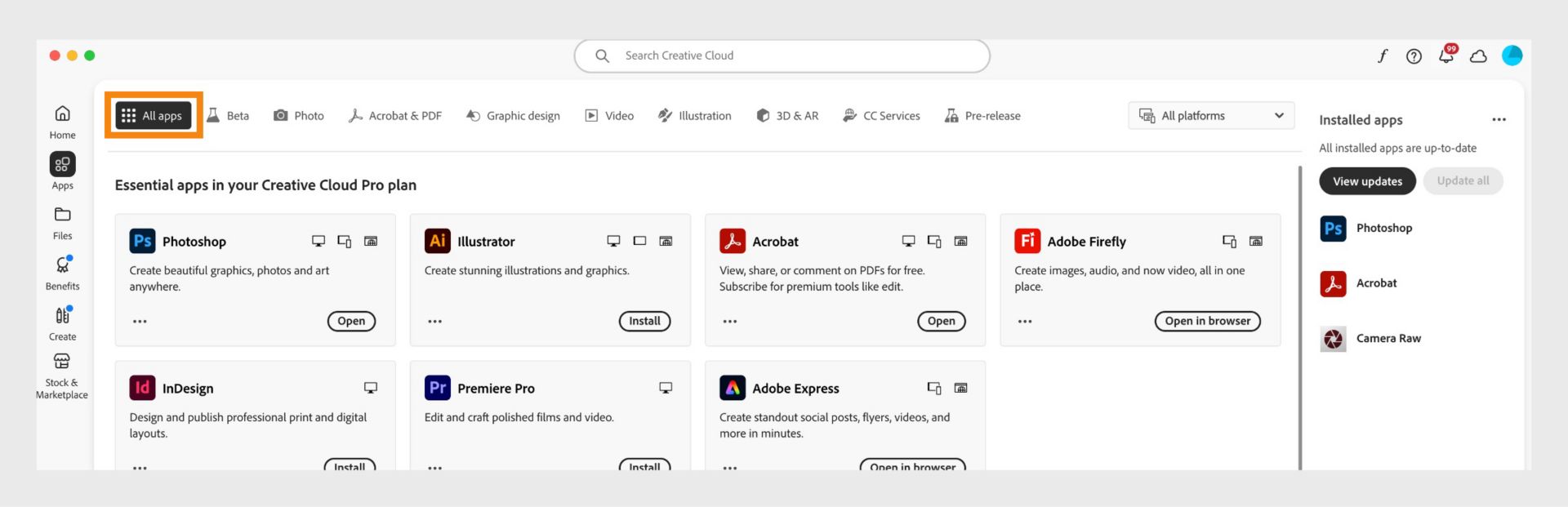 Skirtuke „Visos programos“ rodomos visos „Creative Cloud“ programos su trijų taškų mygtuku prie kiekvienos programos. 