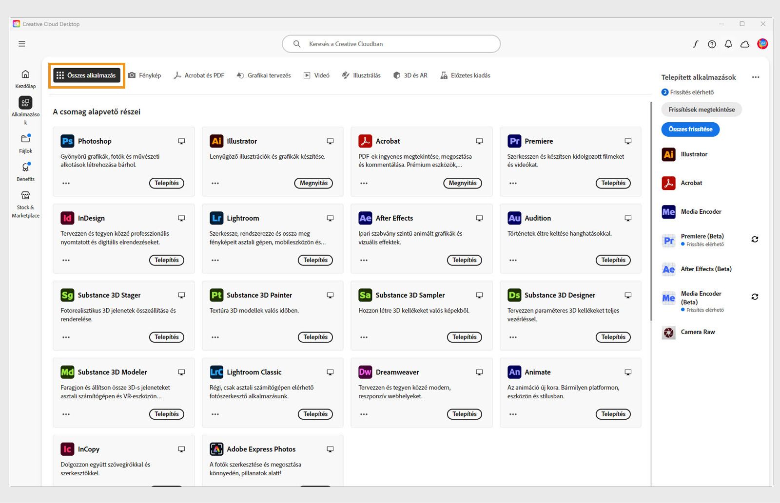 Az Összes alkalmazás lapon az összes Creative Cloud alkalmazás látható, az egyes alkalmazásokhoz tartozó három pont gombbal. 