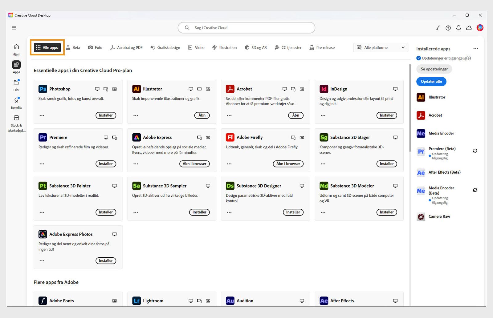 Fanen Alle apps, der vises alle Creative Cloud-apps med knappen med de tre prikker for hver app. 