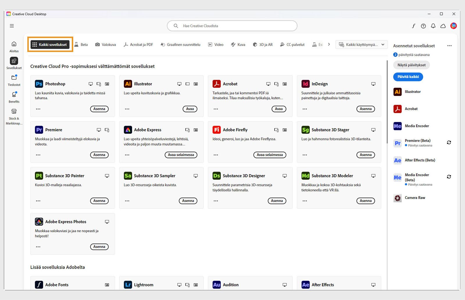 Kaikki sovellukset ‑välilehti, jossa näkyvät kaikki Creative Cloud ‑sovellukset, ja kunkin sovelluksen kohdalla on kolmen pisteen painike. 