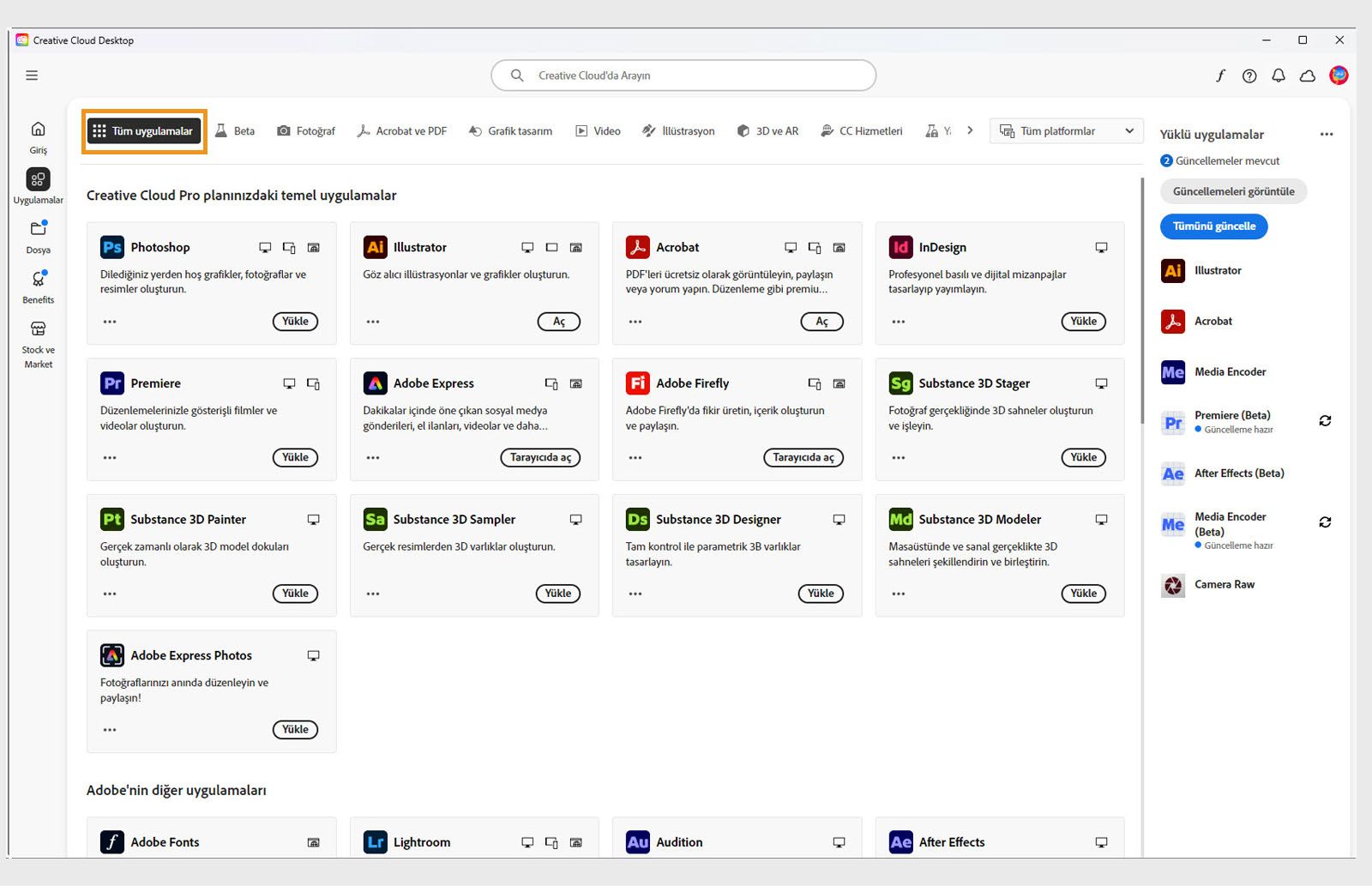 Her uygulama için üç nokta düğmesiyle tüm Creative Cloud uygulamalarının gösterildiği Tüm uygulamalar sekmesi. 