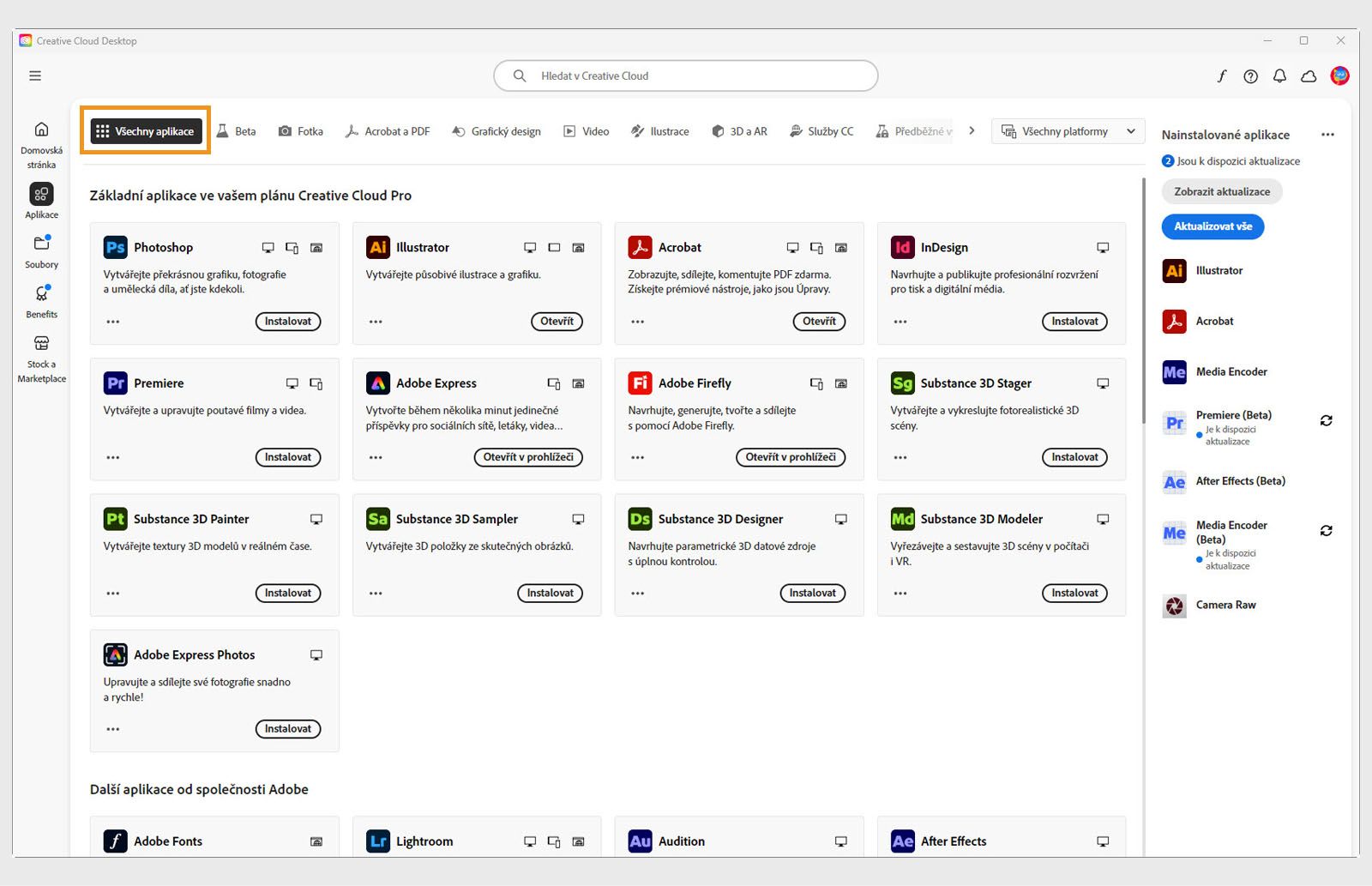 Karta Všechny aplikace zobrazující všechny aplikace Creative Cloud s tlačítkem se třemi tečkami pro každou aplikaci. 