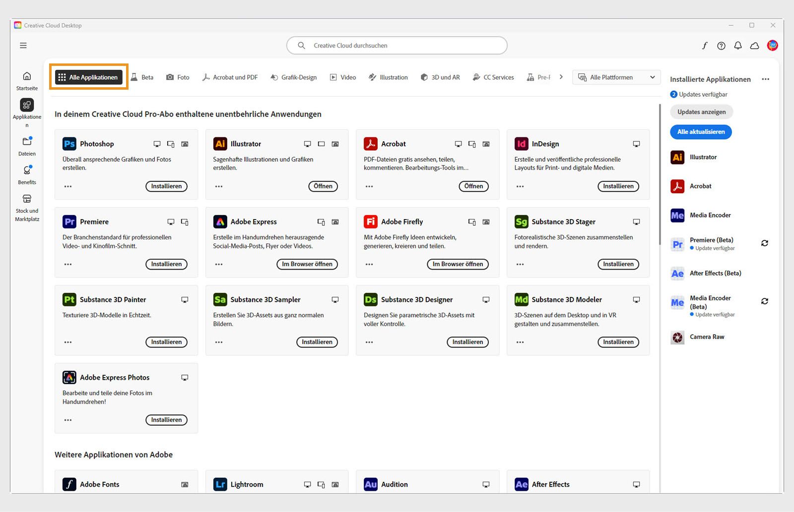 Auf der Registerkarte „Alle Applikationen“ wird für jede Creative Cloud-Applikation eine Schaltfläche mit drei Punkten angezeigt. 
