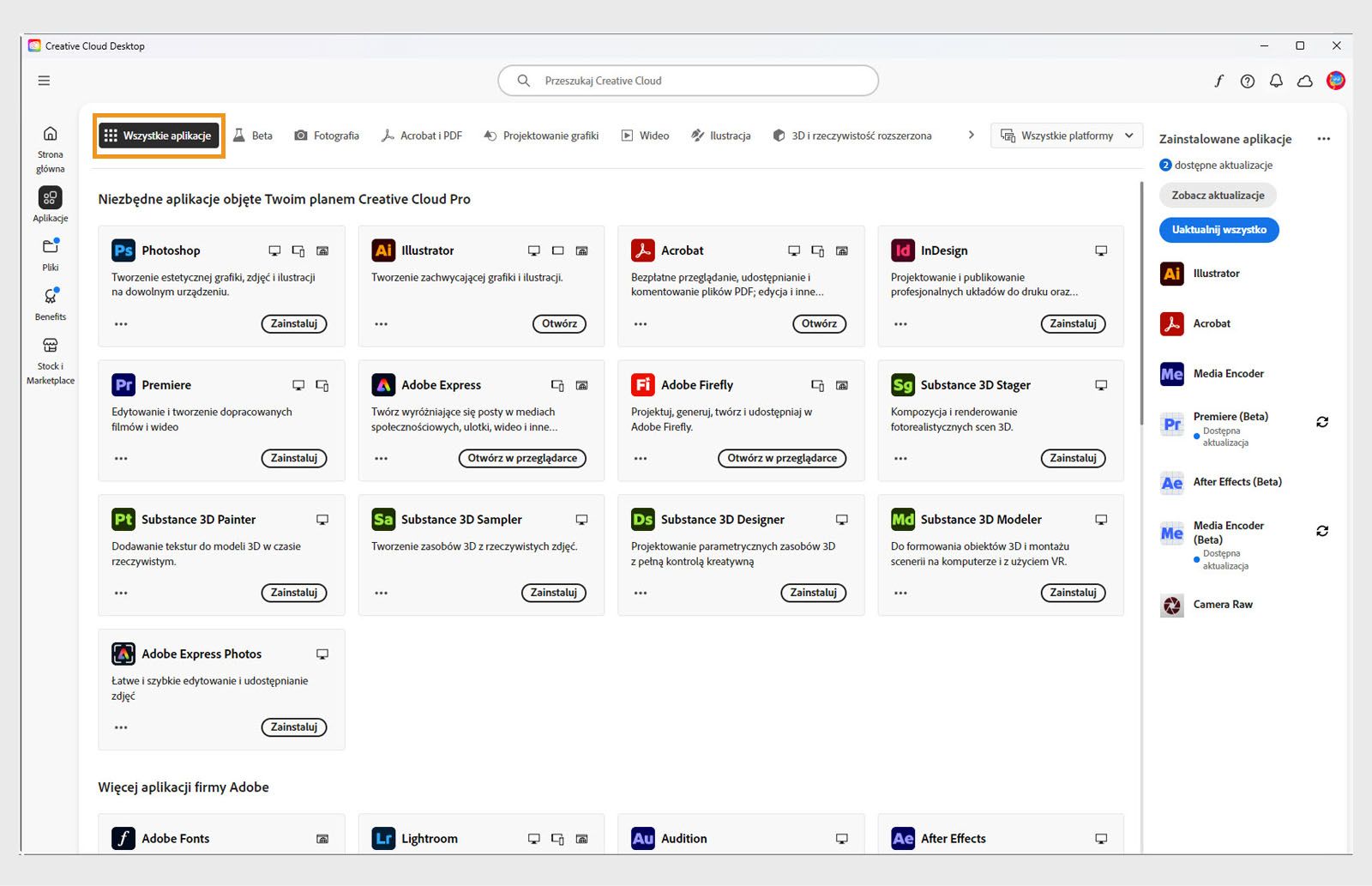 Karta Wszystkie aplikacje z widocznymi wszystkimi aplikacjami Creative Cloud i przyciskiem z trzema kropkami przy każdej aplikacji. 