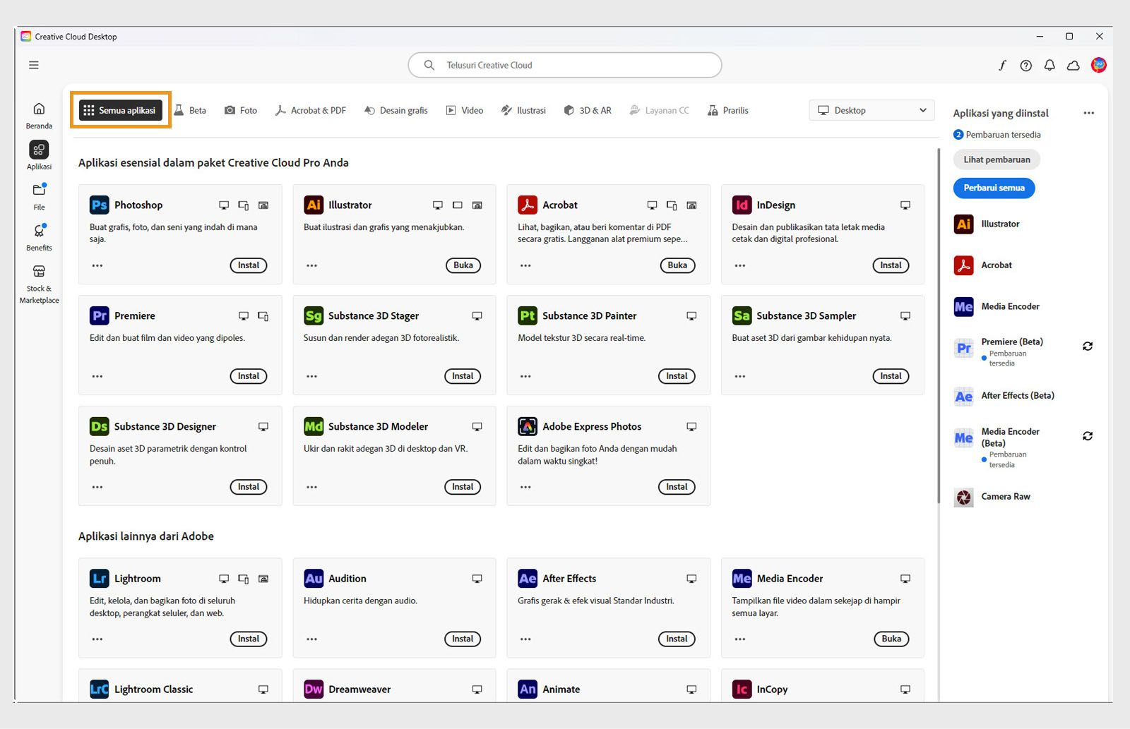 Tab Semua Aplikasi menampilkan semua Aplikasi Creative Cloud dengan tombol tiga titik untuk setiap aplikasi. 